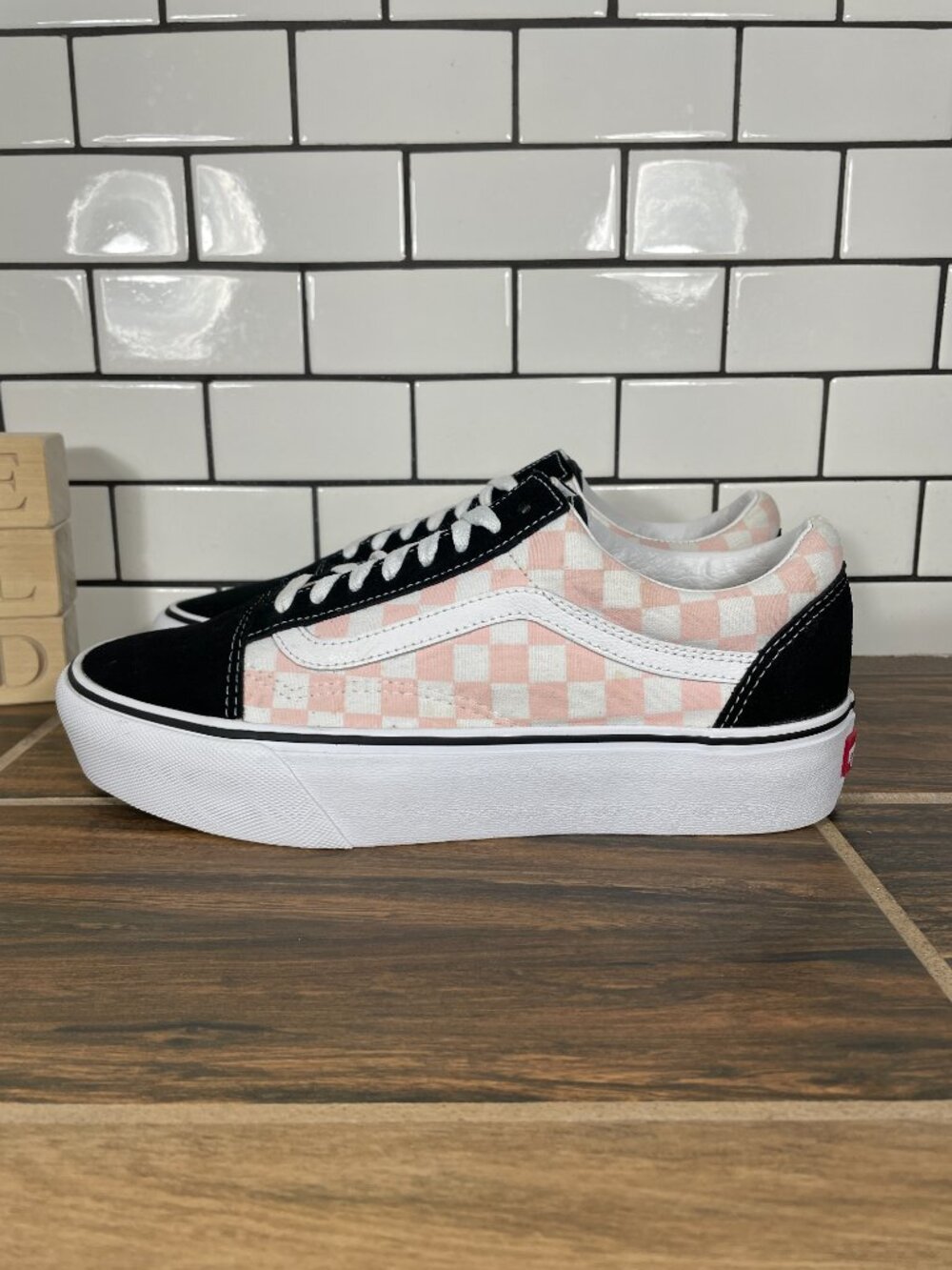 Vans Old Skool Platform Shoes Womens Size 9.5 Pink Checkerboard Black Sneaker
